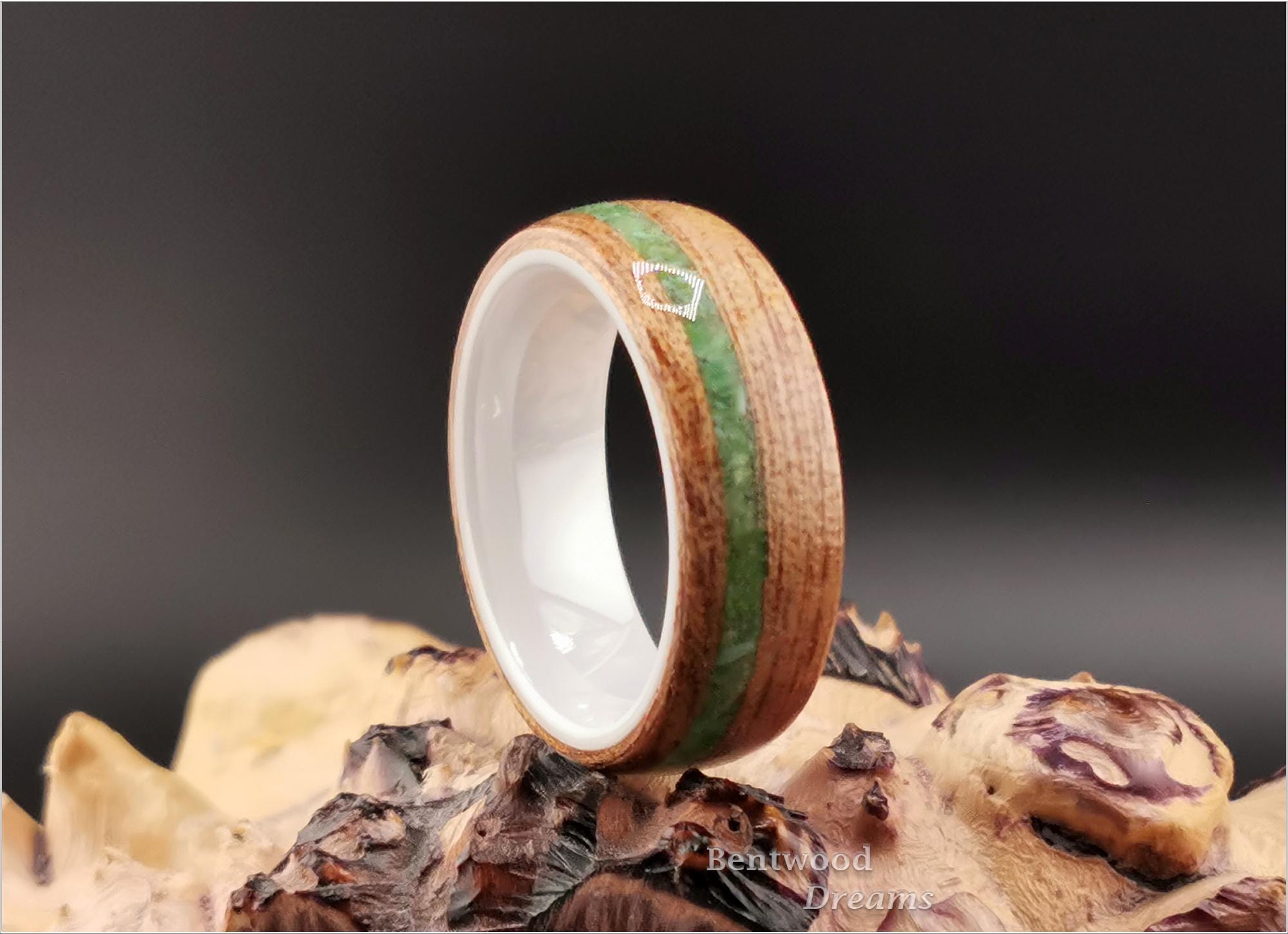 Bentwood Ring: Okoume, offset inlaid Nevada Apple Variscite, polished White Ceramic core, wood ring