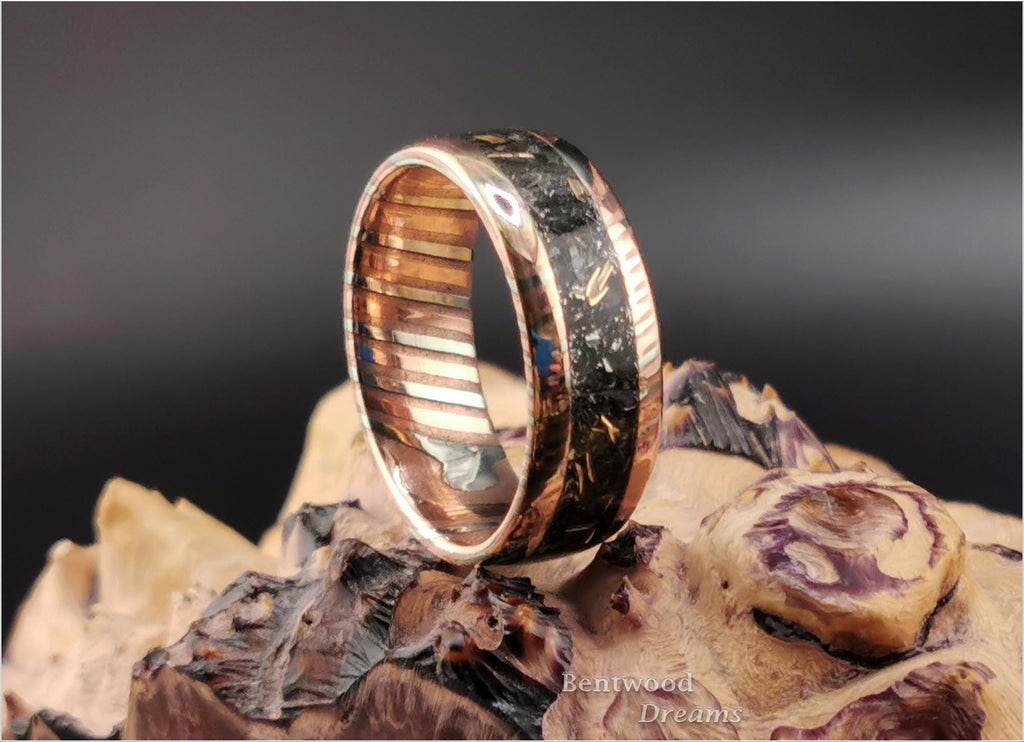 Mokume Gane Ring: inlaid Meteorite and M41 Walker Bulldog Tank shavings