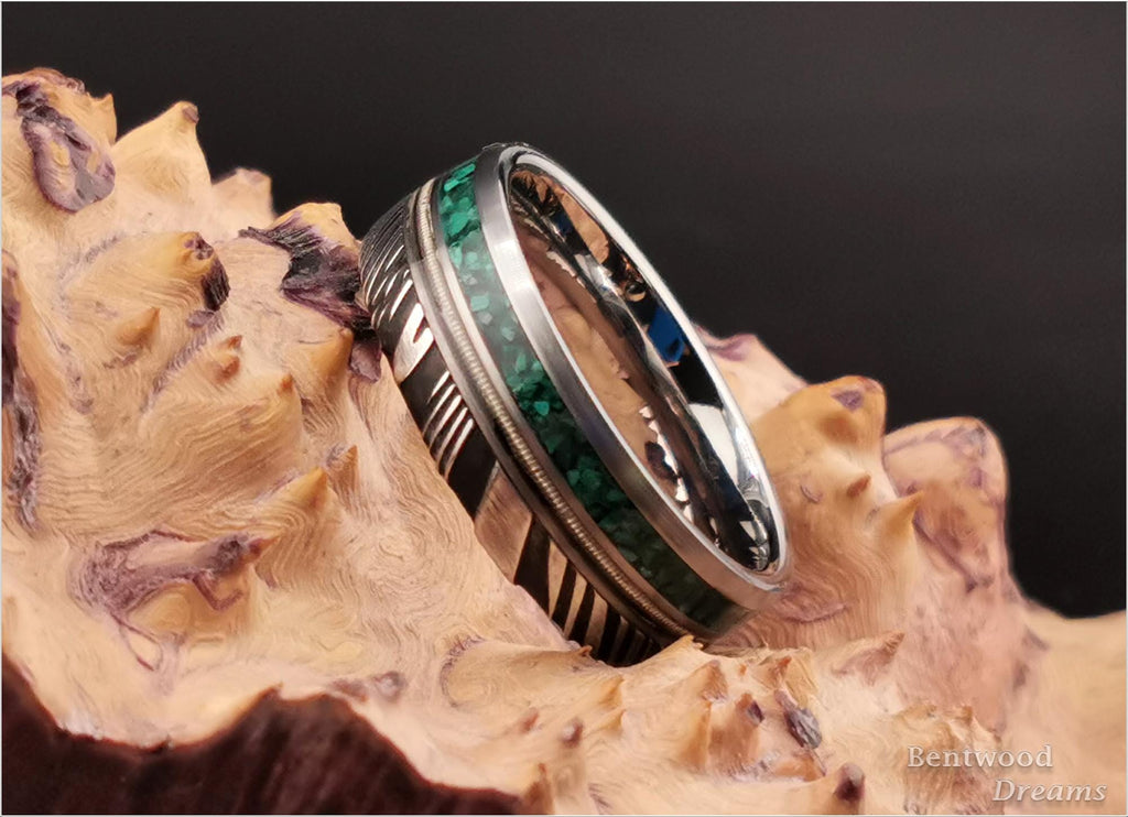 Black Damascus Steel Ring, w/inlaid Guitar String and Green Malachite, metal ring