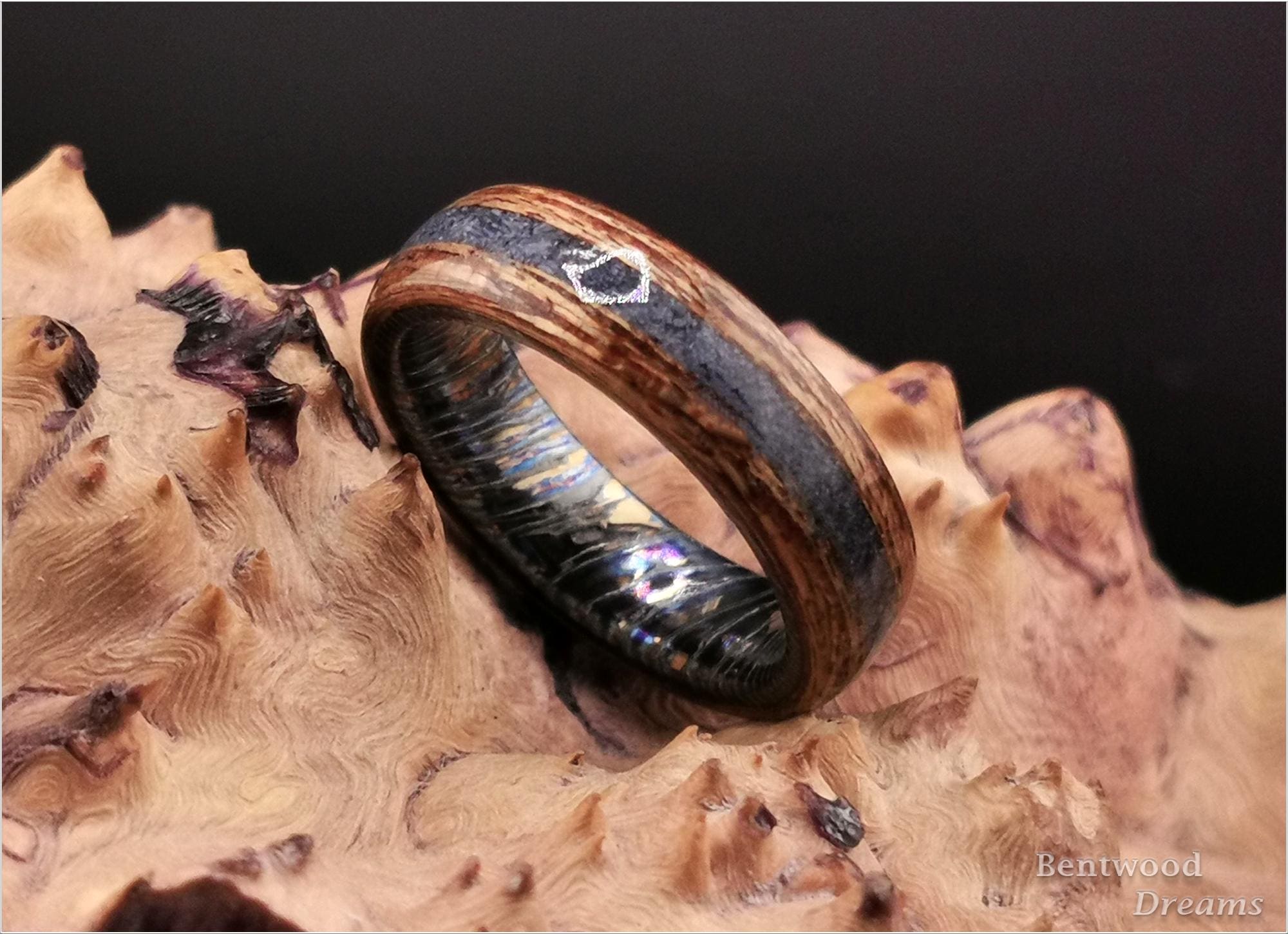 Bentwood Ring: Red Meranti, inlaid Fossilised Blue Coral, ZircuTi core