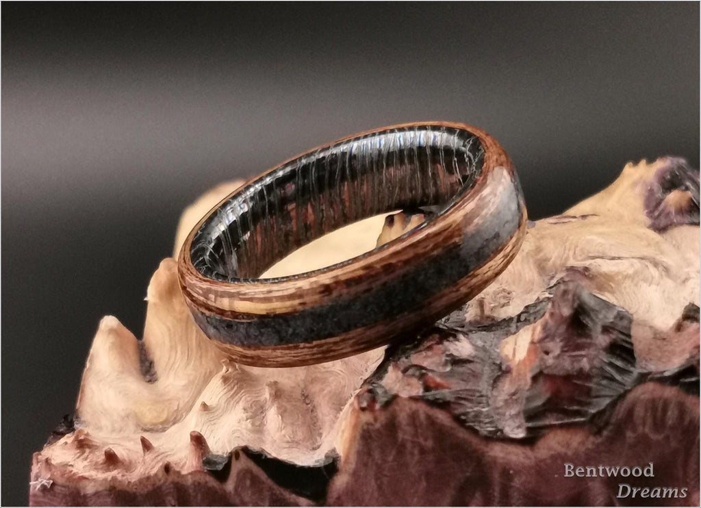 Bentwood Ring: Red Meranti, inlaid Fossilised Blue Coral, ZircuTi core