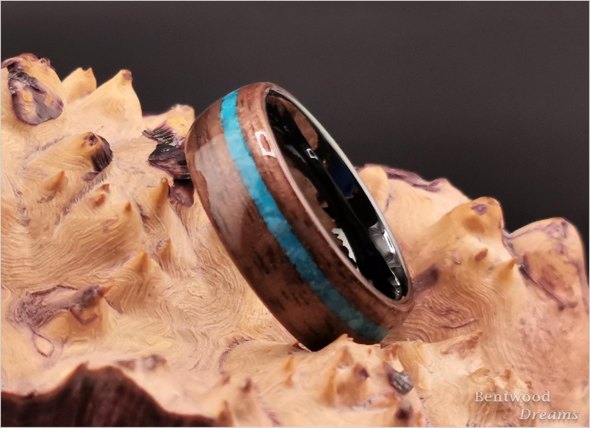 Bentwood Ring: Curly Walnut, Kingman Turquoise, polished Black Ceramic core