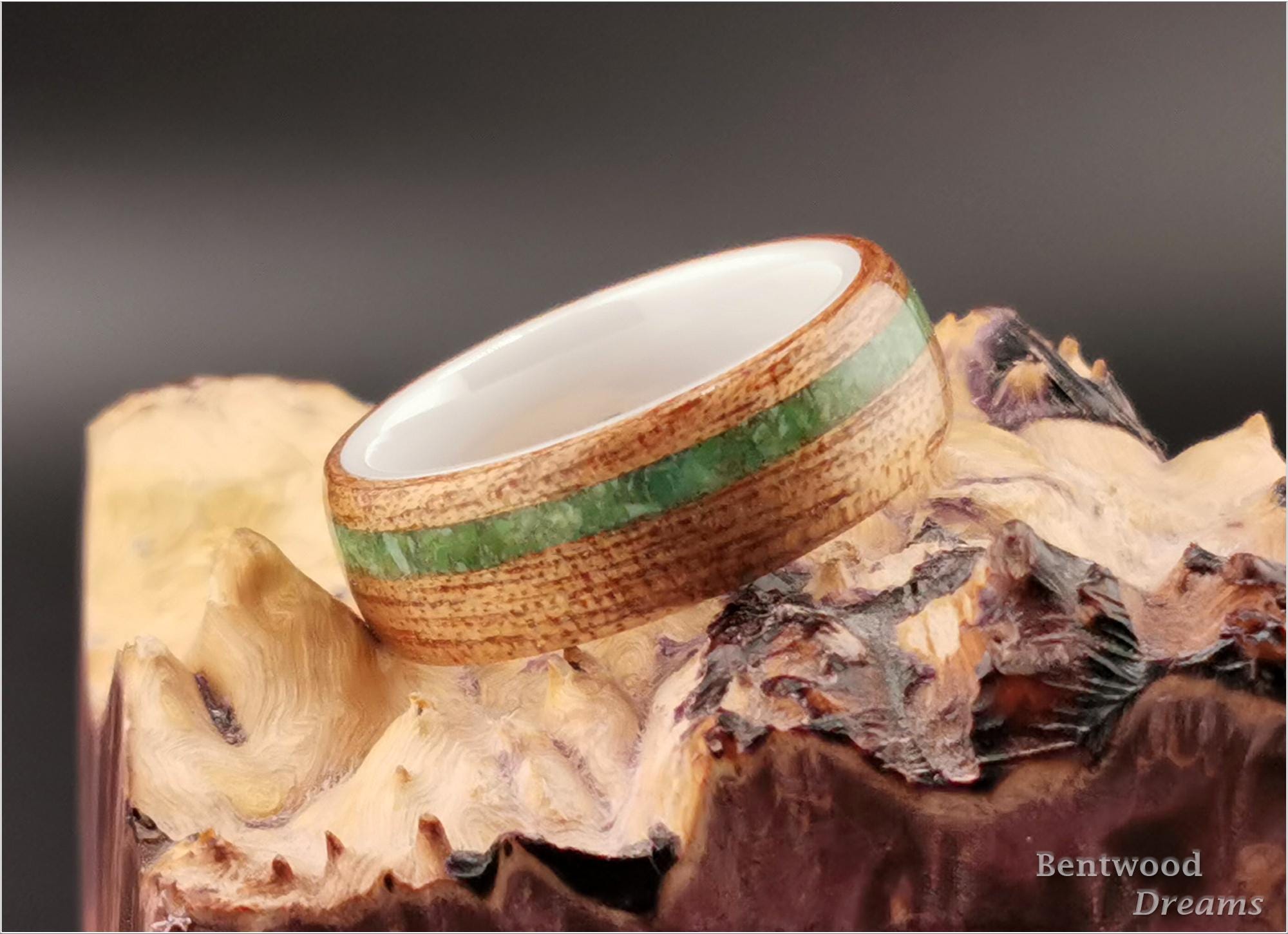 Bentwood Ring: Okoume, offset inlaid Nevada Apple Variscite, polished White Ceramic core, wood ring