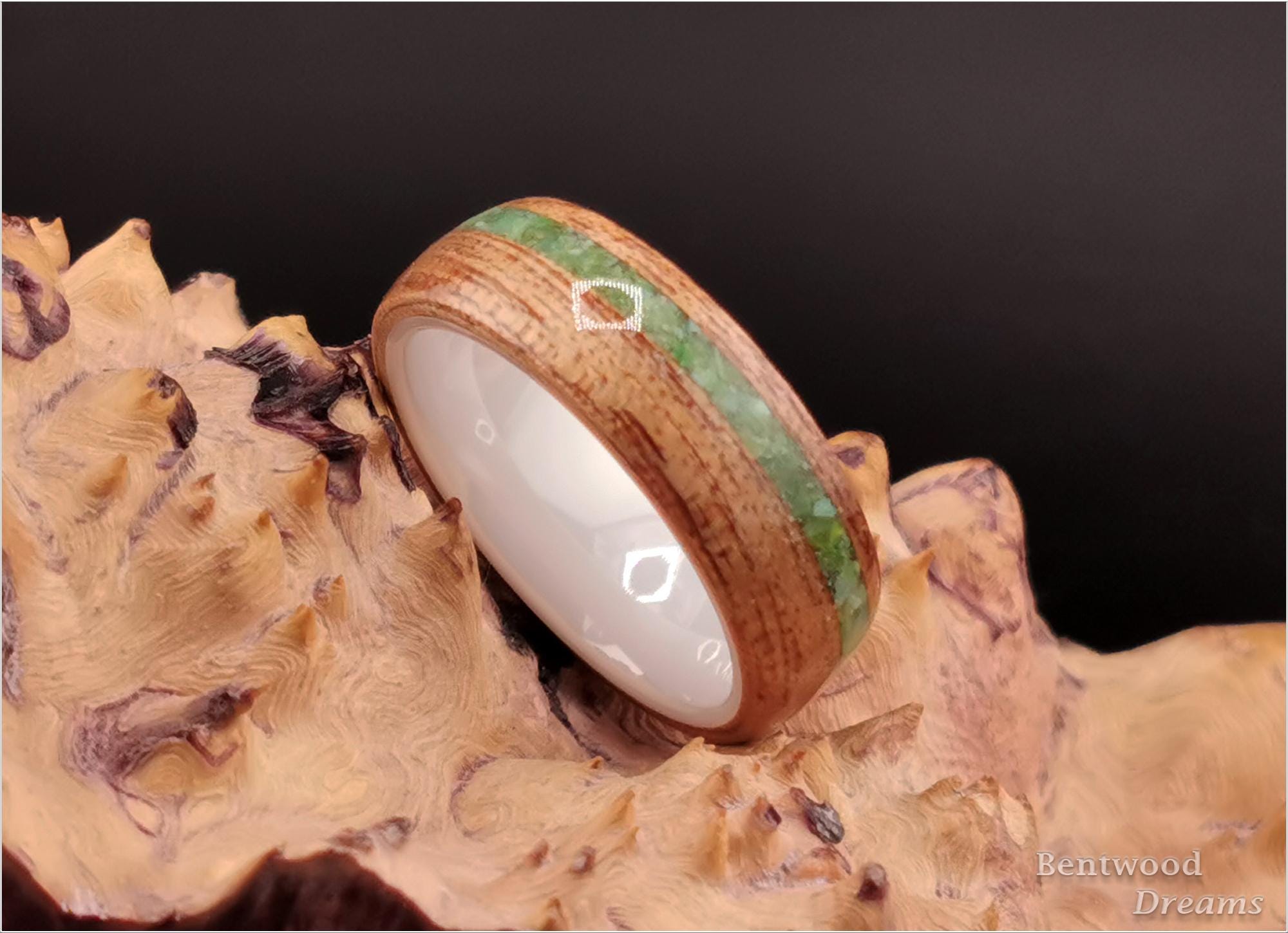 Bentwood Ring: Okoume, offset inlaid Nevada Apple Variscite, polished White Ceramic core, wood ring