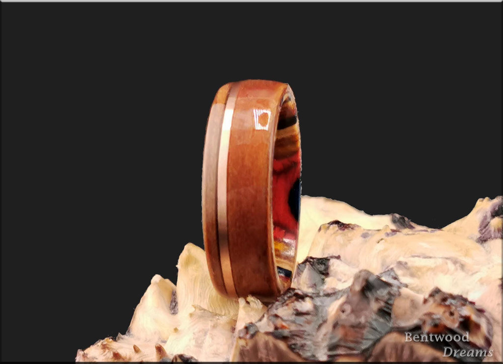 Plum Wood Bentwood Ring: Copper Inlay, Multi-Color Core