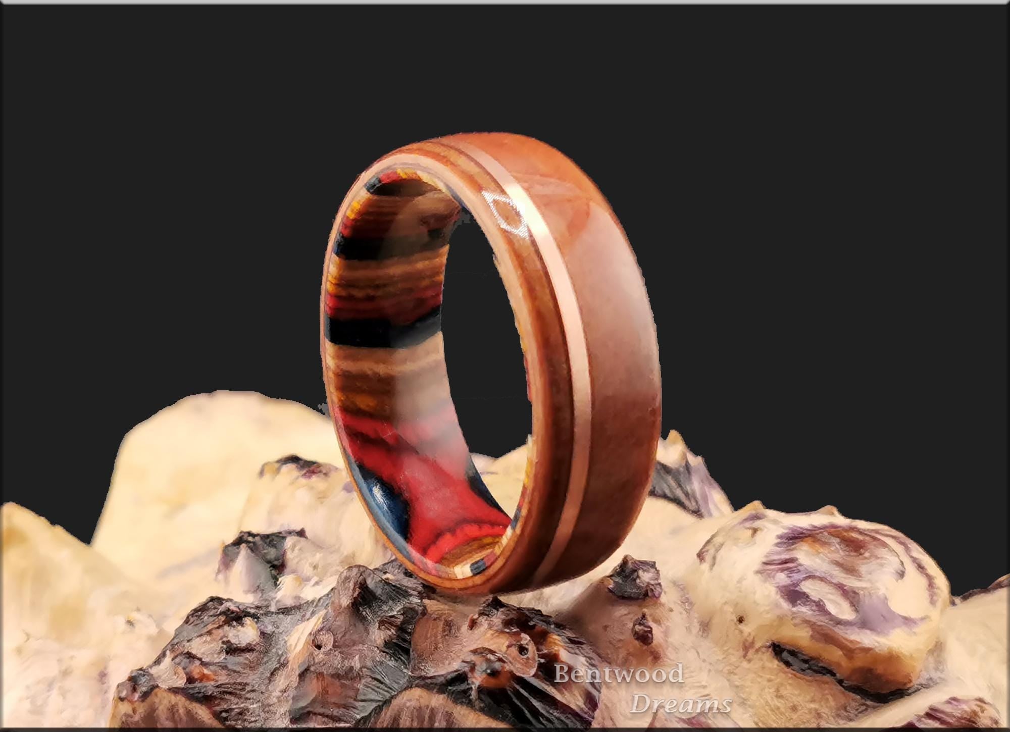 Plum Wood Bentwood Ring: Copper Inlay, Multi-Color Core