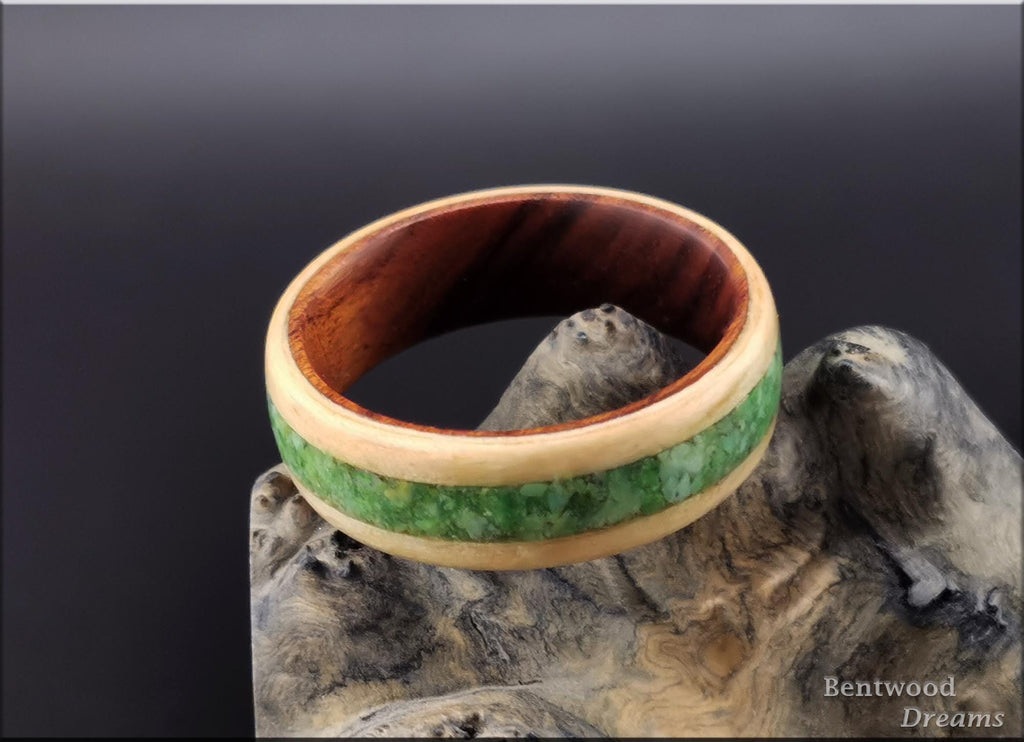 Bentwood Ring: Rare Birdseye Pine, inlaid Nevada Green Variscite, Ironwood core