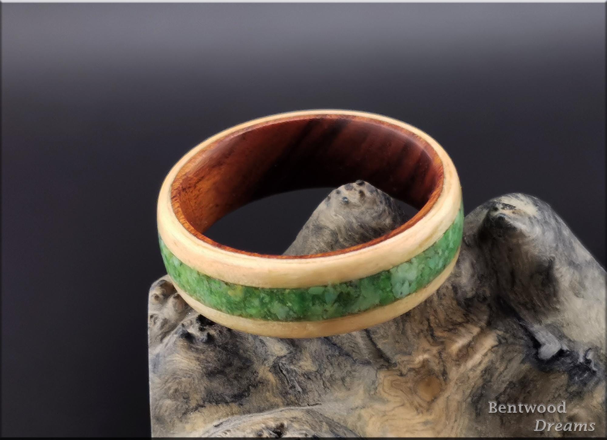 Bentwood Ring: Rare Birdseye Pine, inlaid Nevada Green Variscite, Ironwood core