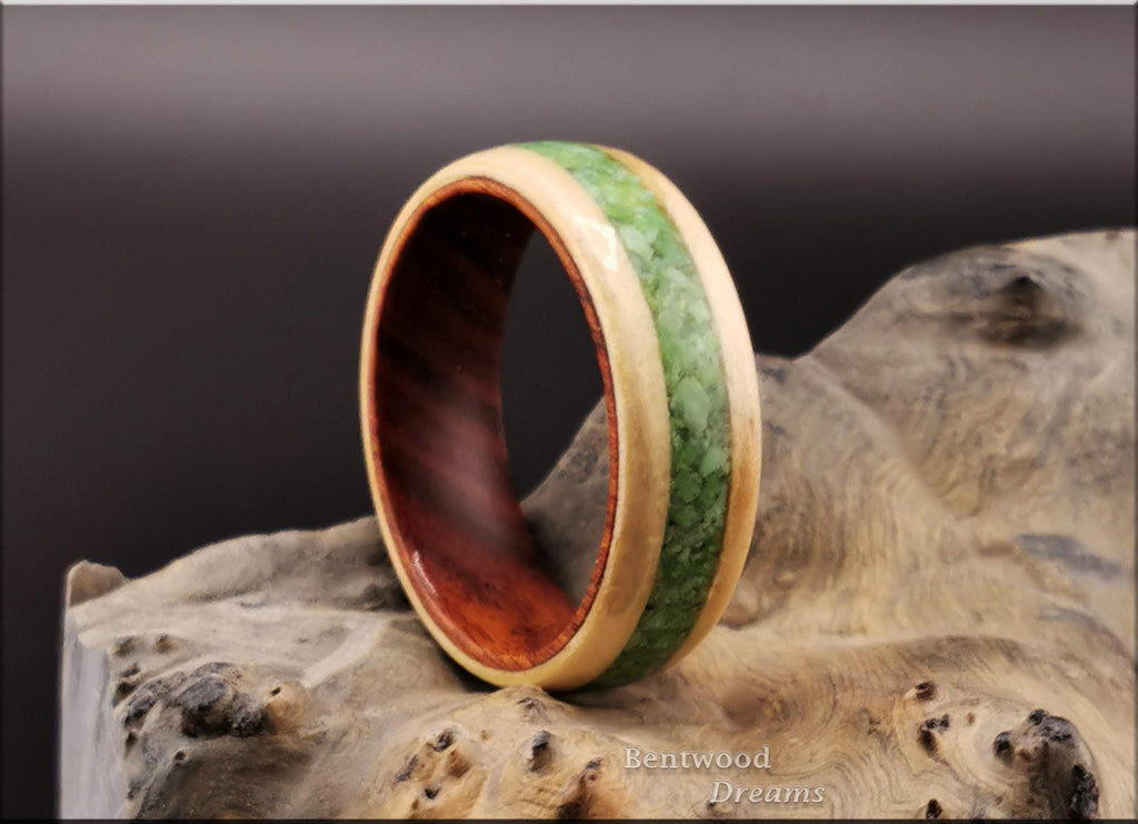 Bentwood Ring: Rare Birdseye Pine, inlaid Nevada Green Variscite, Ironwood core