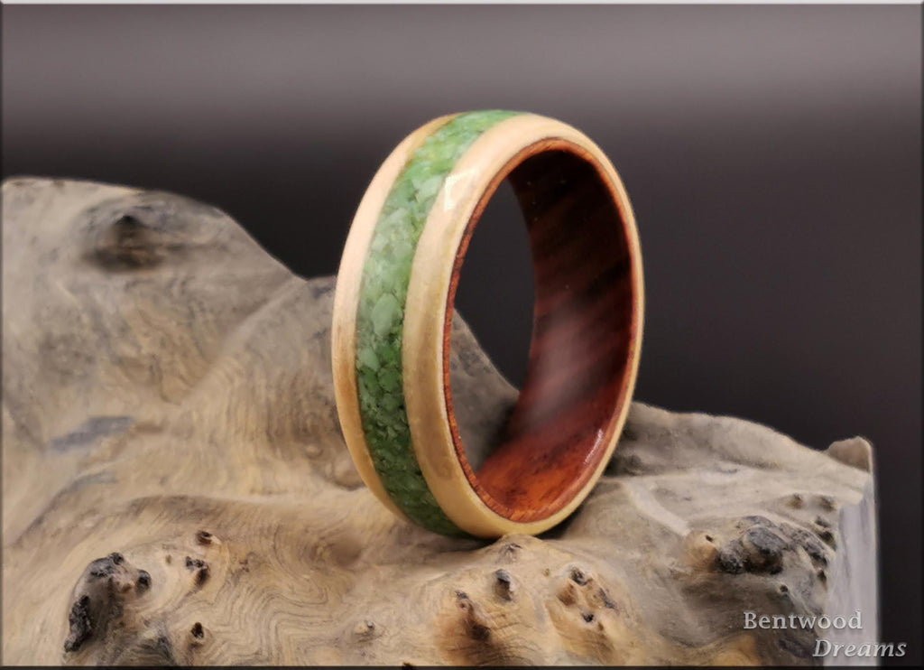 Bentwood Ring: Rare Birdseye Pine, inlaid Nevada Green Variscite, Ironwood core