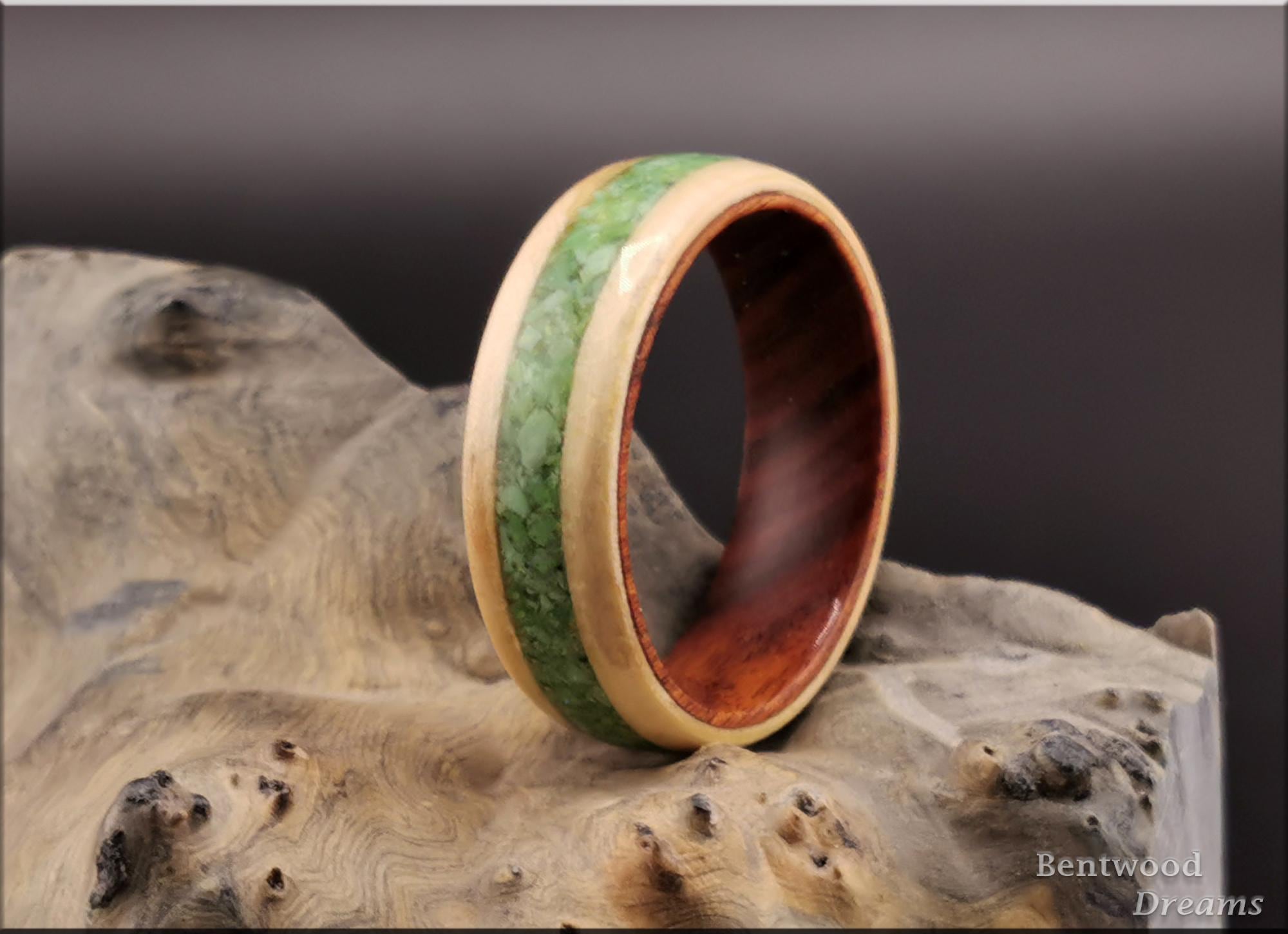 Bentwood Ring: Rare Birdseye Pine, inlaid Nevada Green Variscite, Ironwood core