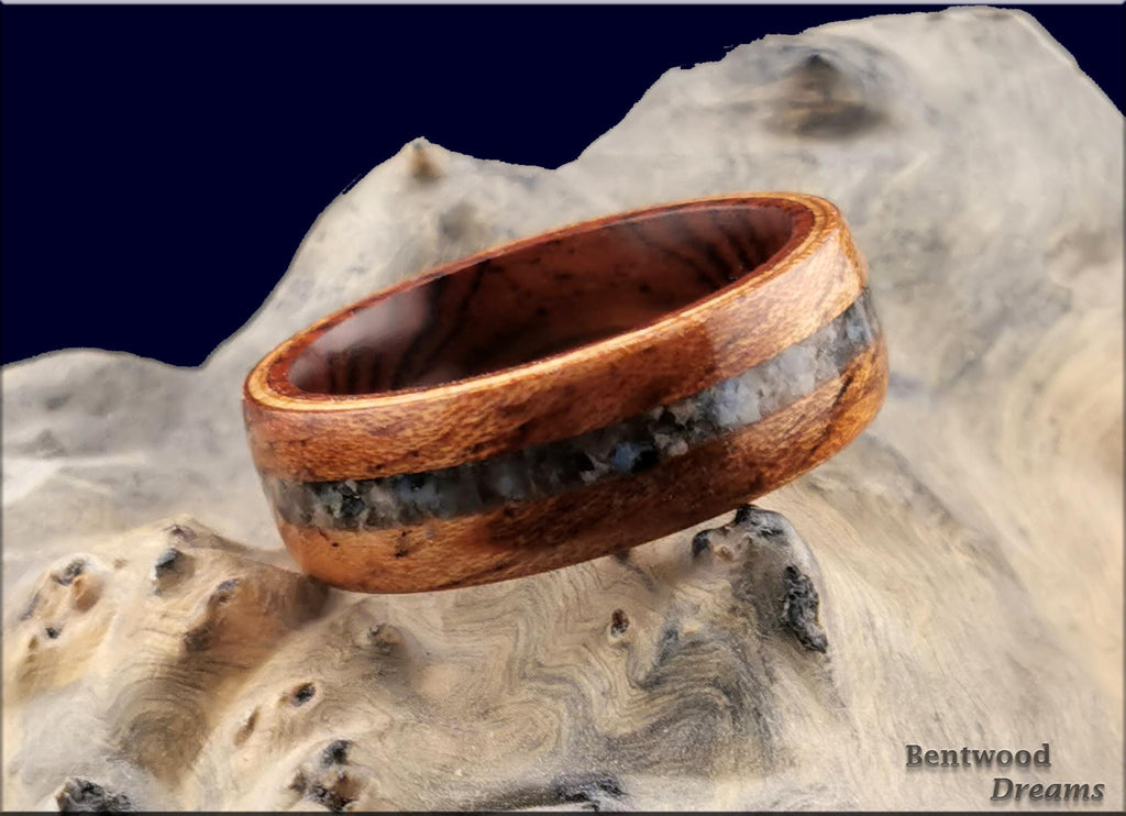 Bentwood Ring: Tiger Etimoe, inlaid K2 Granite, Ironwood Core, wood ring