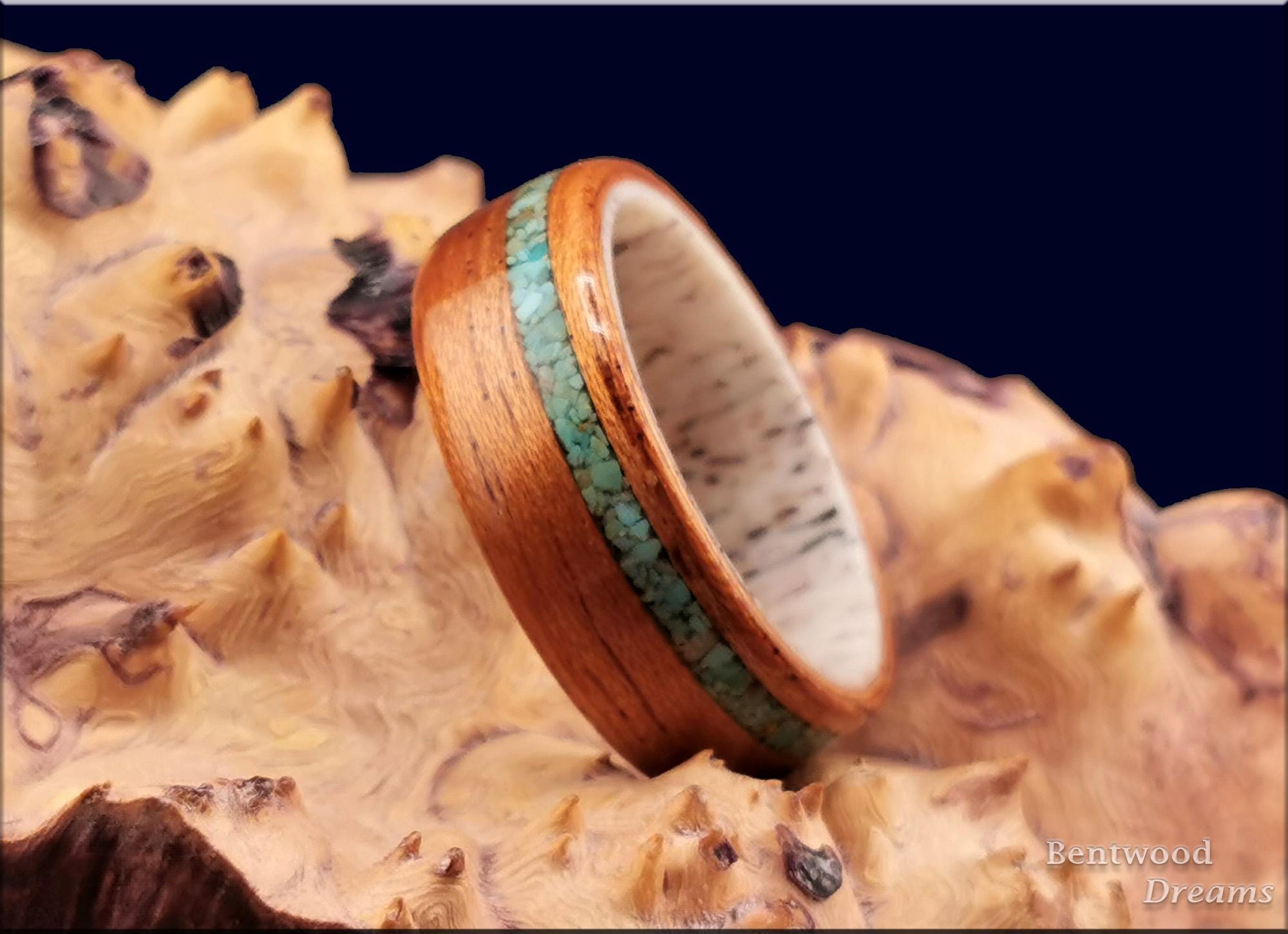 Bentwood Ring: Spanish Cedar, offset inlaid Alacran Turquoise, Deer Antler core