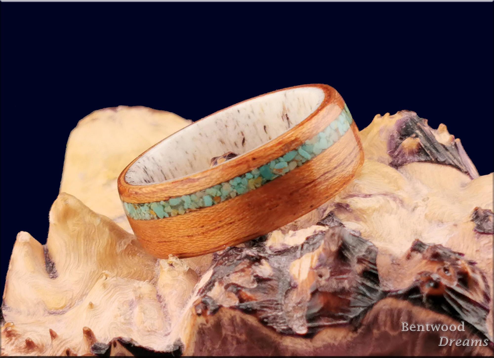 Bentwood Ring: Spanish Cedar, offset inlaid Alacran Turquoise, Deer Antler core