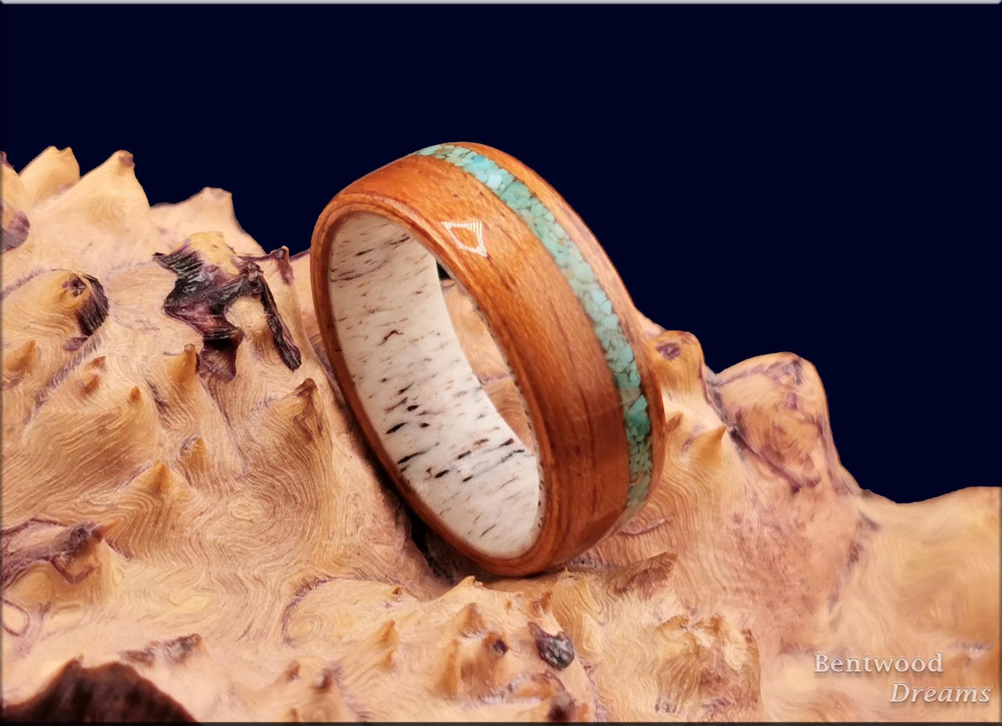Bentwood Ring: Spanish Cedar, offset inlaid Alacran Turquoise, Deer Antler core