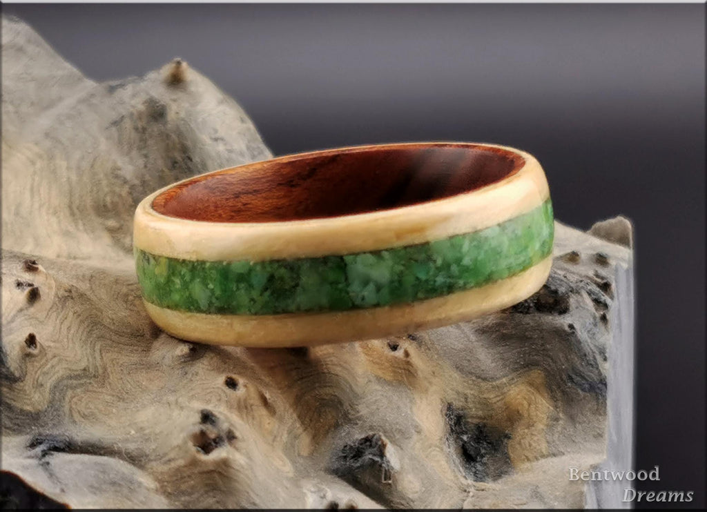 Bentwood Ring: Rare Birdseye Pine, inlaid Nevada Green Variscite, Ironwood core