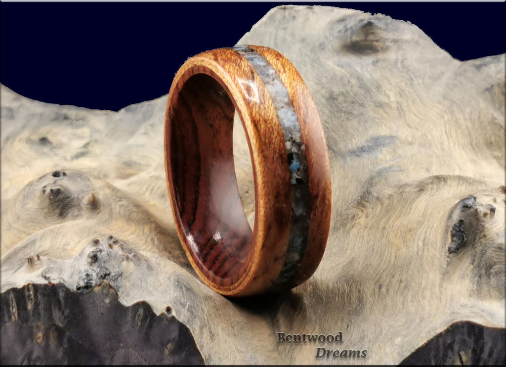 Bentwood Ring: Tiger Etimoe, inlaid K2 Granite, Ironwood Core, wood ring