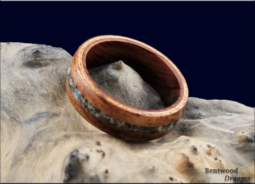 Bentwood Ring: Tiger Etimoe, inlaid K2 Granite, Ironwood Core, wood ring