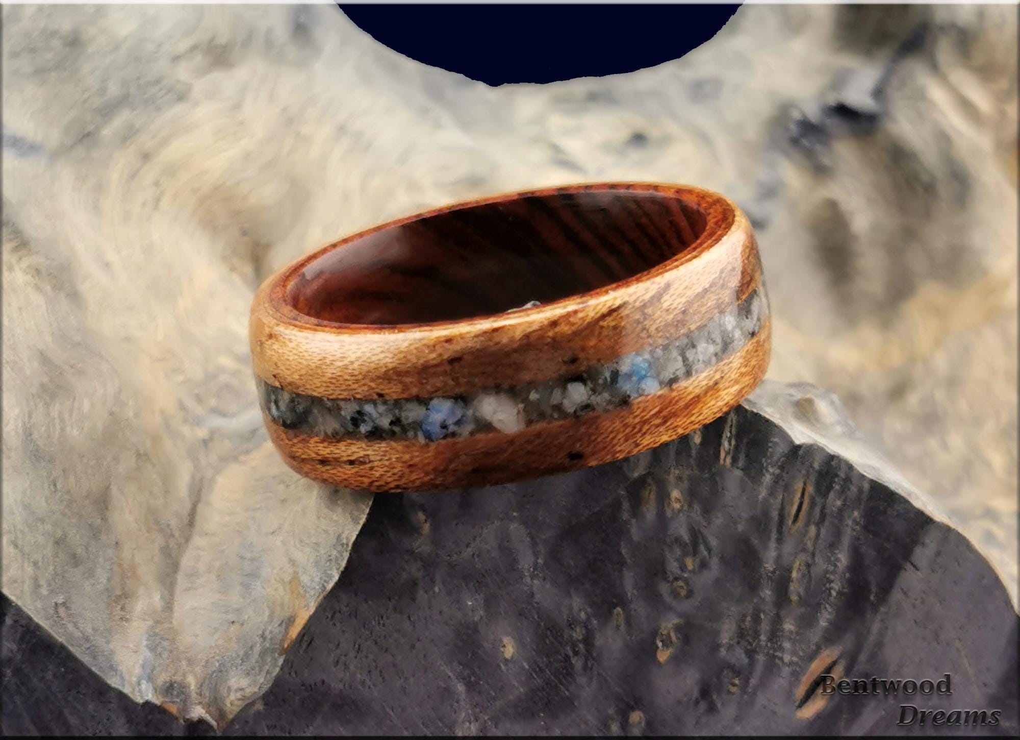 Bentwood Ring: Tiger Etimoe, inlaid K2 Granite, Ironwood Core, wood ring