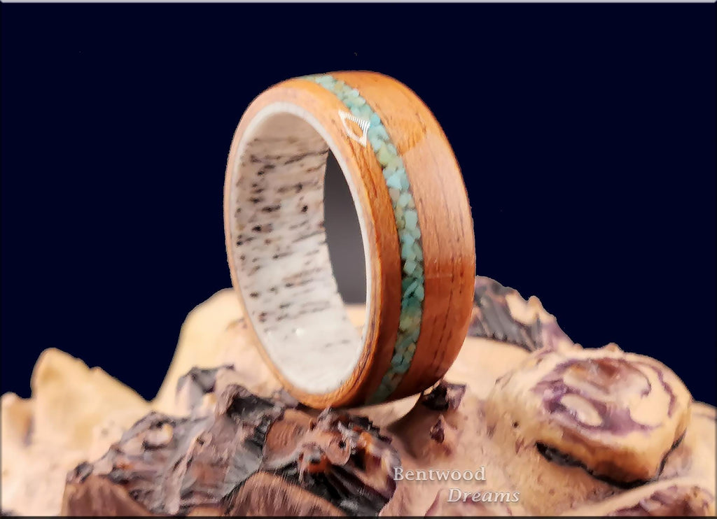 Bentwood Ring: Spanish Cedar, offset inlaid Alacran Turquoise, Deer Antler core