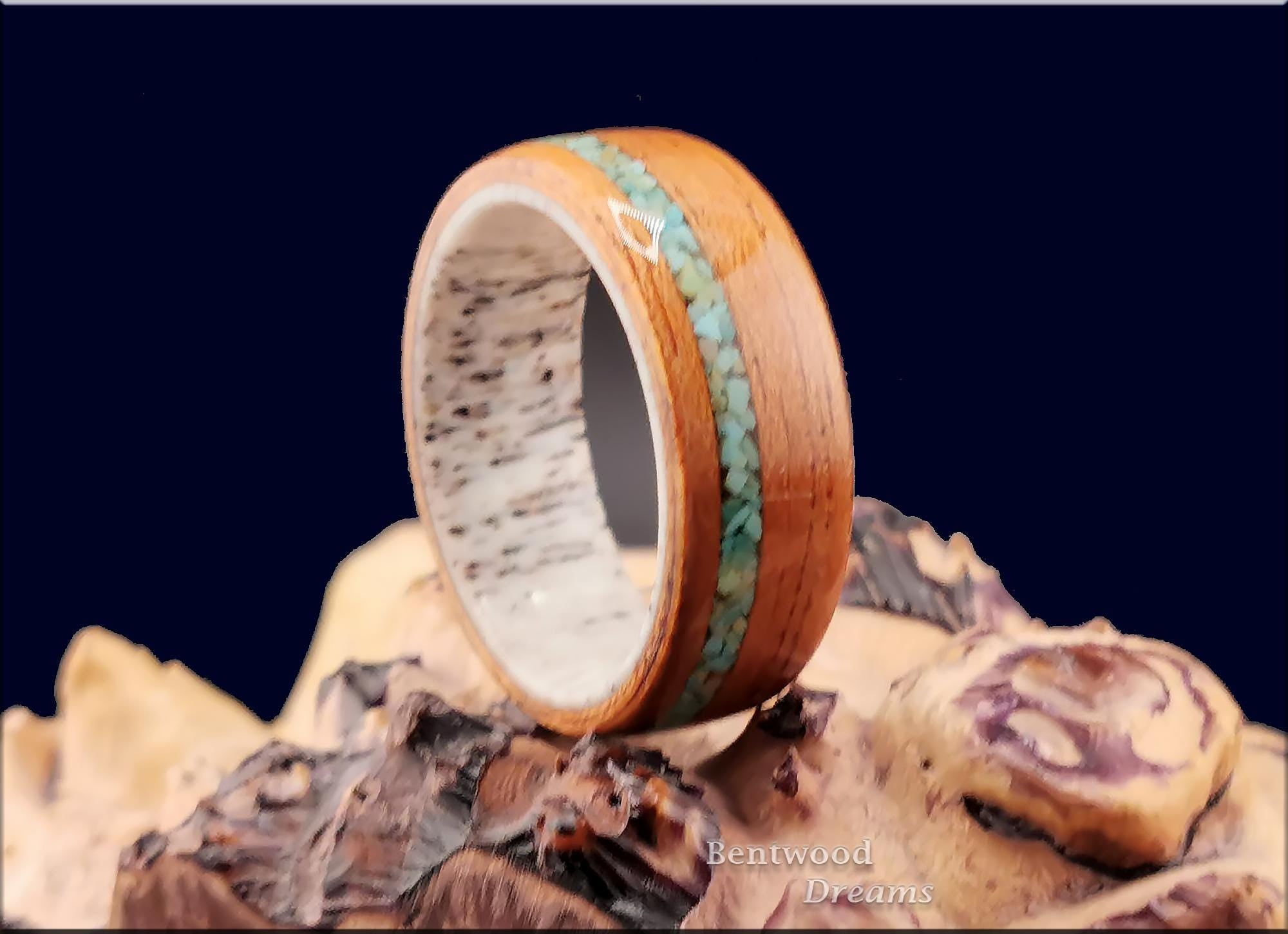 Bentwood Ring: Spanish Cedar, offset inlaid Alacran Turquoise, Deer Antler core