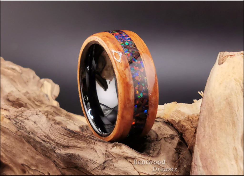 Bentwood Ring: Eucalyptus Burl, inlaid Multi-Opal, black ceramic  core, Quick Ship