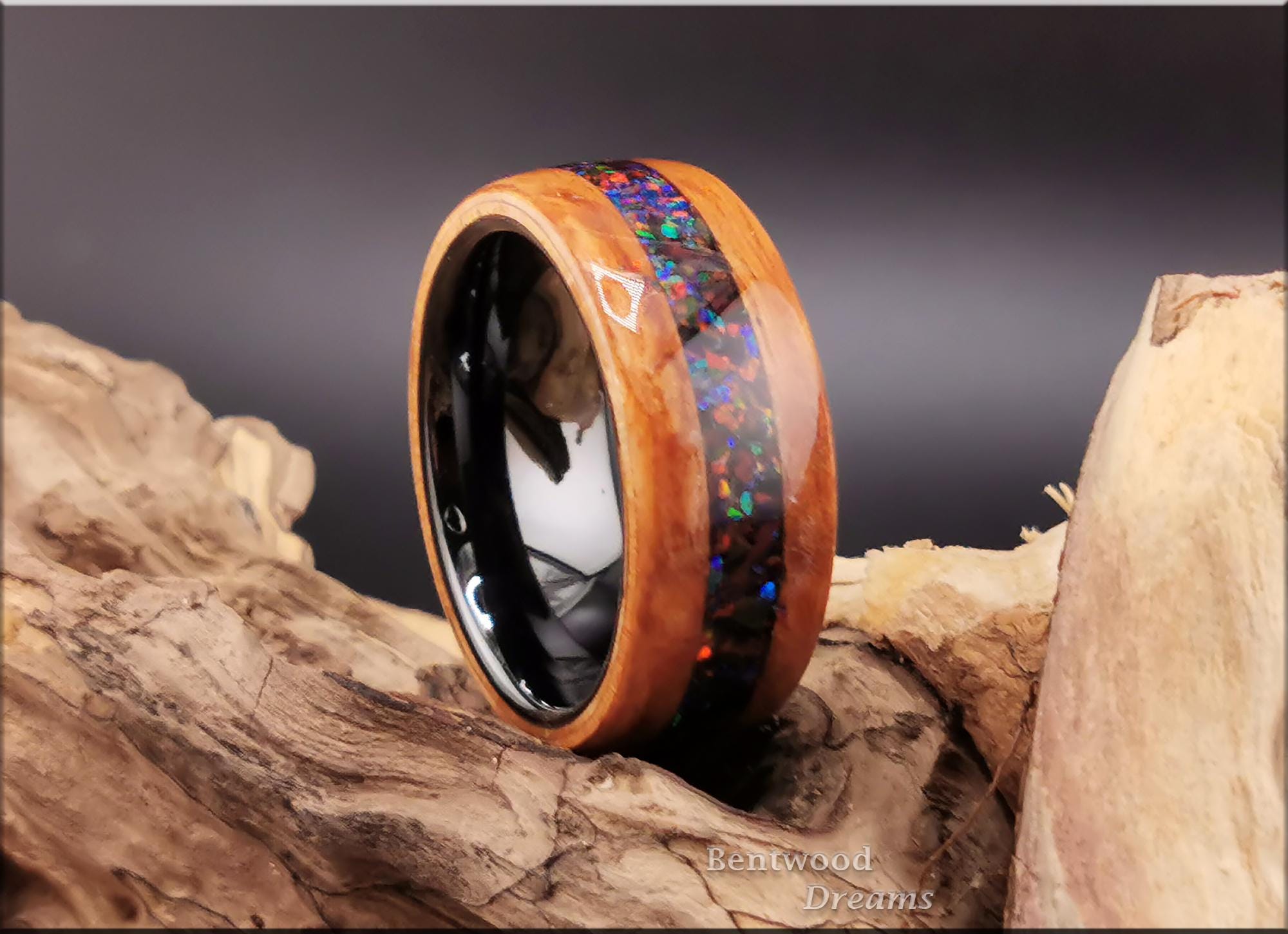 Bentwood Ring: Eucalyptus Burl, inlaid Multi-Opal, black ceramic  core, Quick Ship