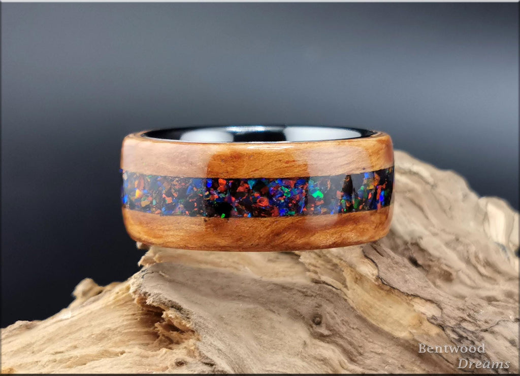 Bentwood Ring: Eucalyptus Burl, inlaid Multi-Opal, black ceramic  core