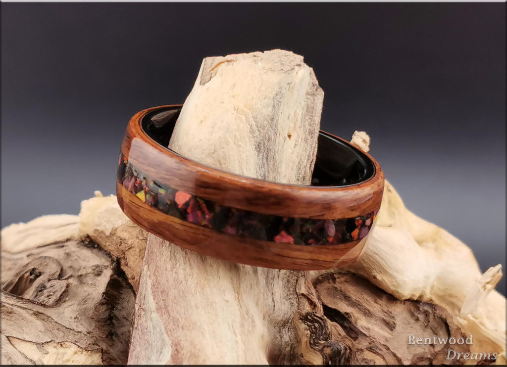 Bentwood Ring: Santos Rosewood, inlaid Cultured Opal blend, Black Ceramic core