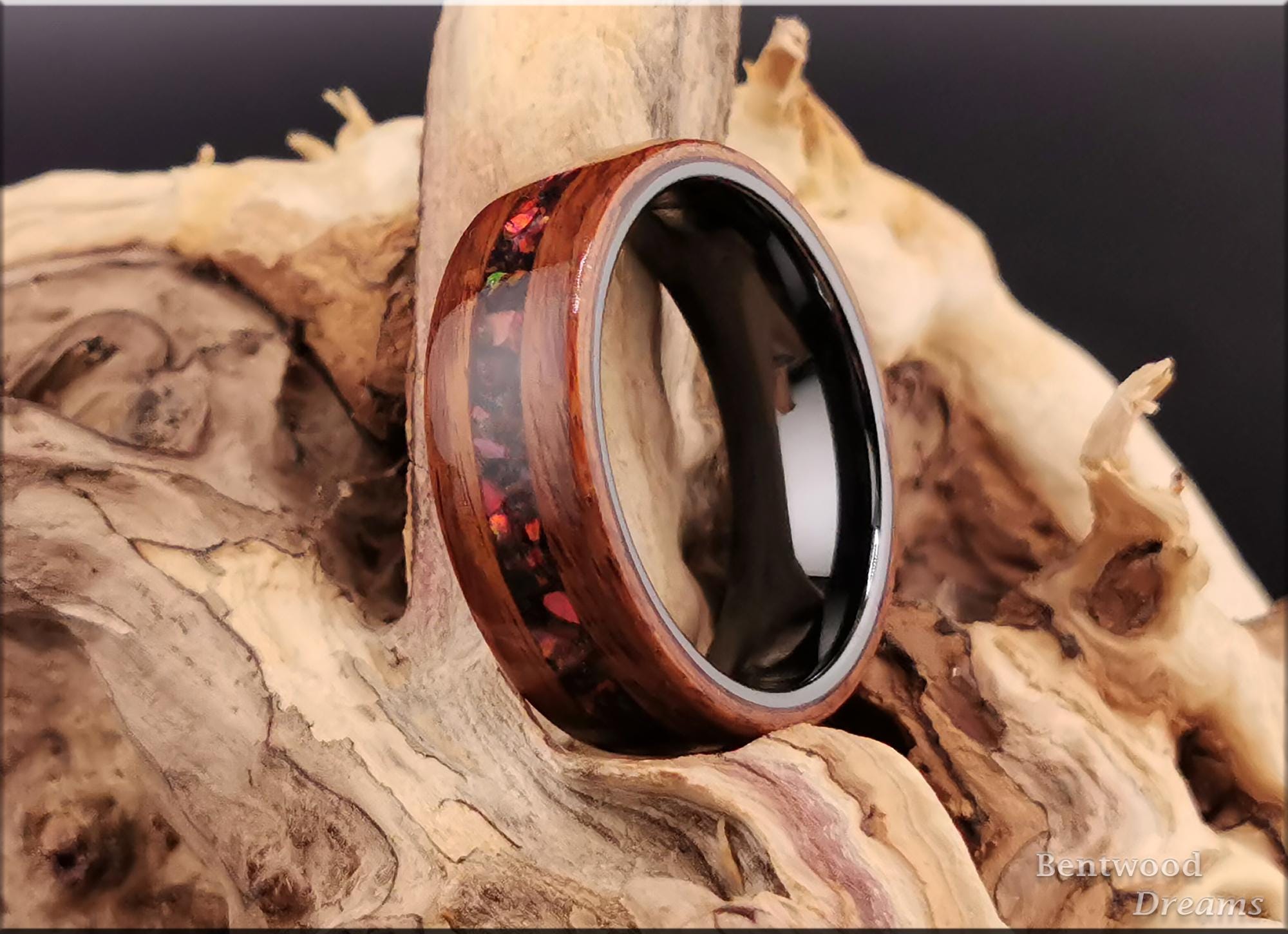 Bentwood Ring: Santos Rosewood, inlaid Cultured Opal blend, Black Ceramic core