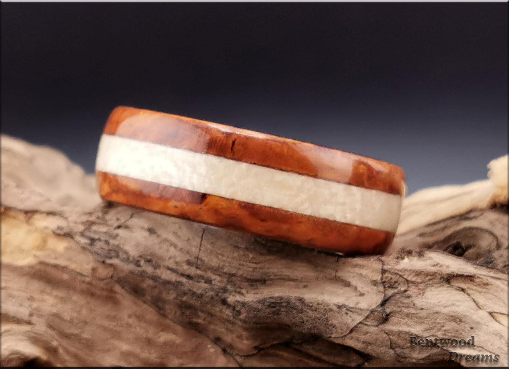 Bentwood Ring: Amboyna Burl, inlaid Figured Sycamore, Black Ceramic  core