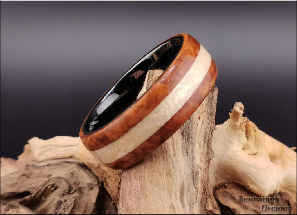 Bentwood Ring: Amboyna Burl, inlaid Figured Sycamore, Black Ceramic  core
