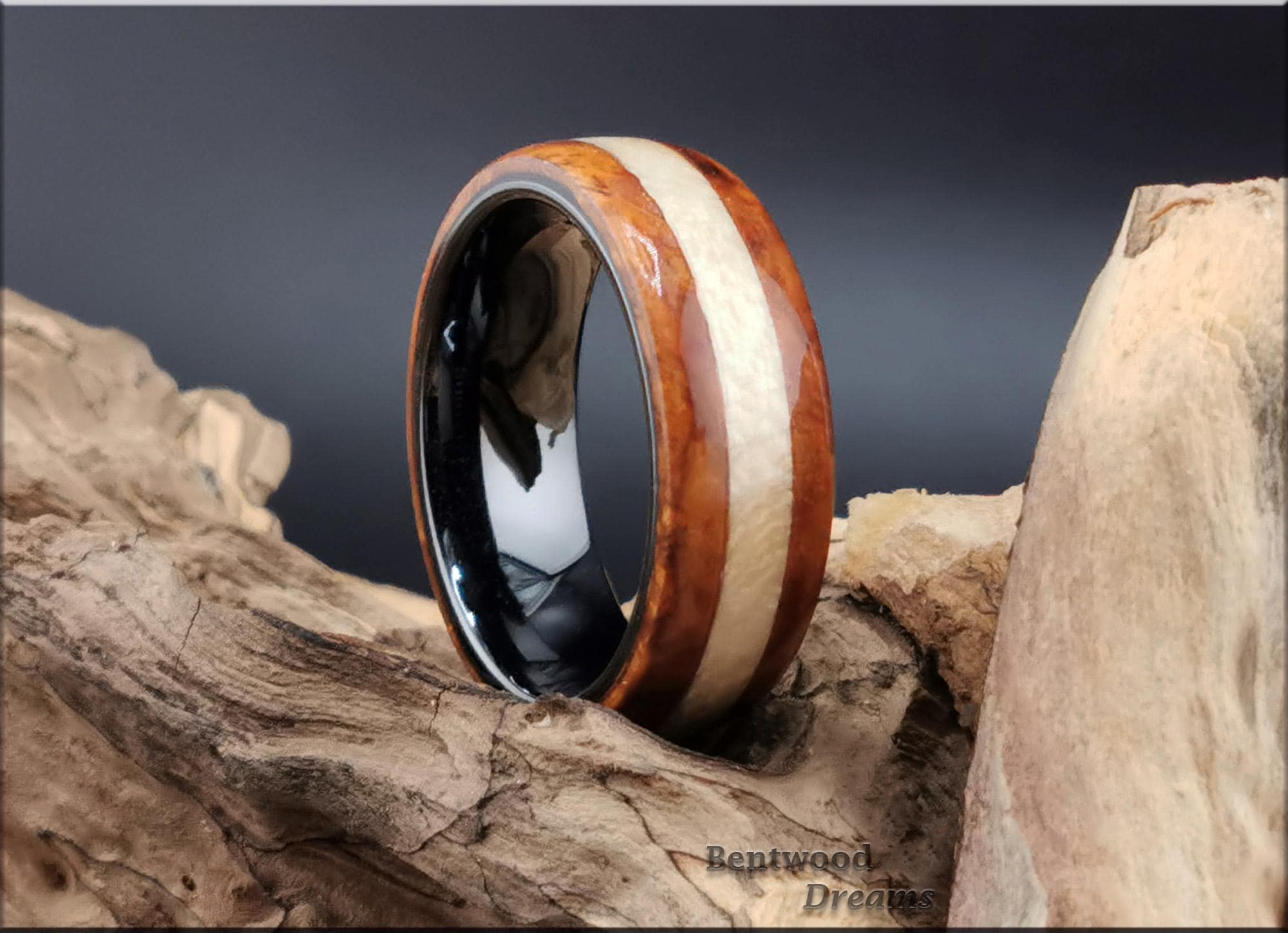 Bentwood Ring: Amboyna Burl, inlaid Figured Sycamore, Black Ceramic  core