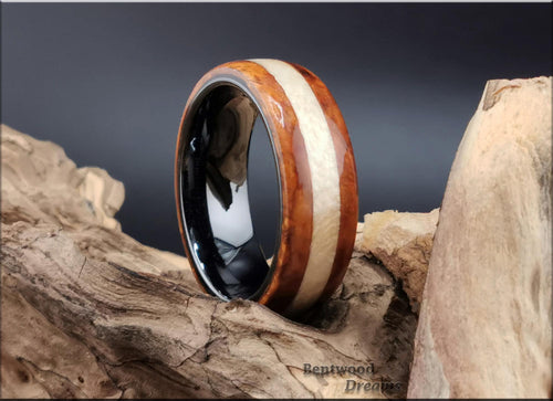 Bentwood Ring: Amboyna Burl, inlaid Figured Sycamore, Black Ceramic  core