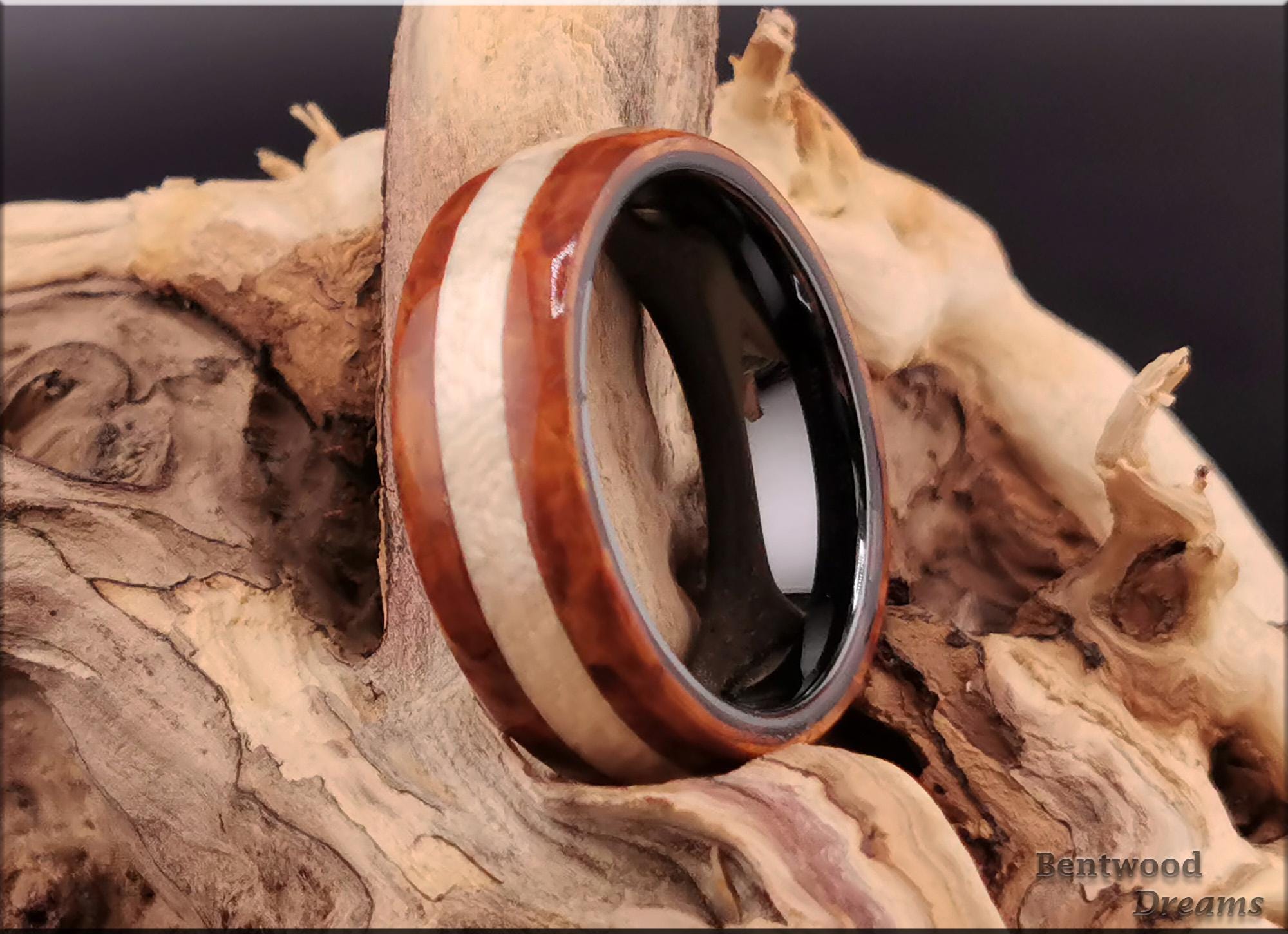 Bentwood Ring: Amboyna Burl, inlaid Figured Sycamore, Black Ceramic  core