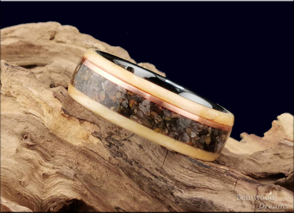 Bentwood Ring: Rare Birdseye Pine, Allosaurus Bone and Copper Wire, Black Ceramic, Quick Ship