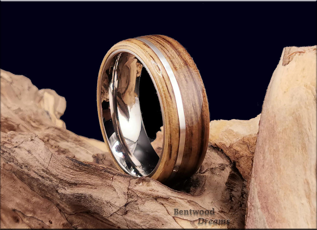 Bentwood Ring: Black Limba, offset inlaid Sterling Silver, Polished White Tungsten core