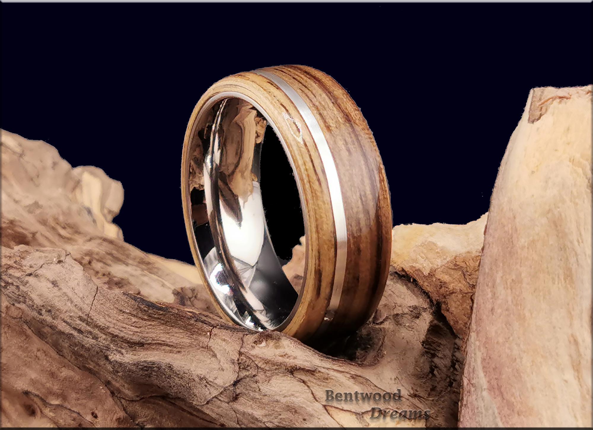 Bentwood Ring: Black Limba, offset inlaid Sterling Silver, Polished White Tungsten core