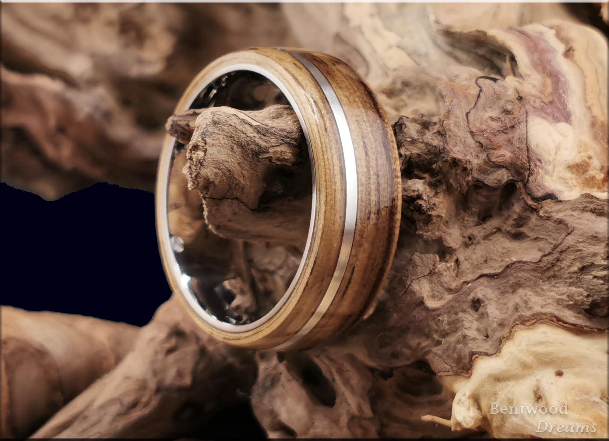 Bentwood Ring: Black Limba, offset inlaid Sterling Silver, Polished White Tungsten core