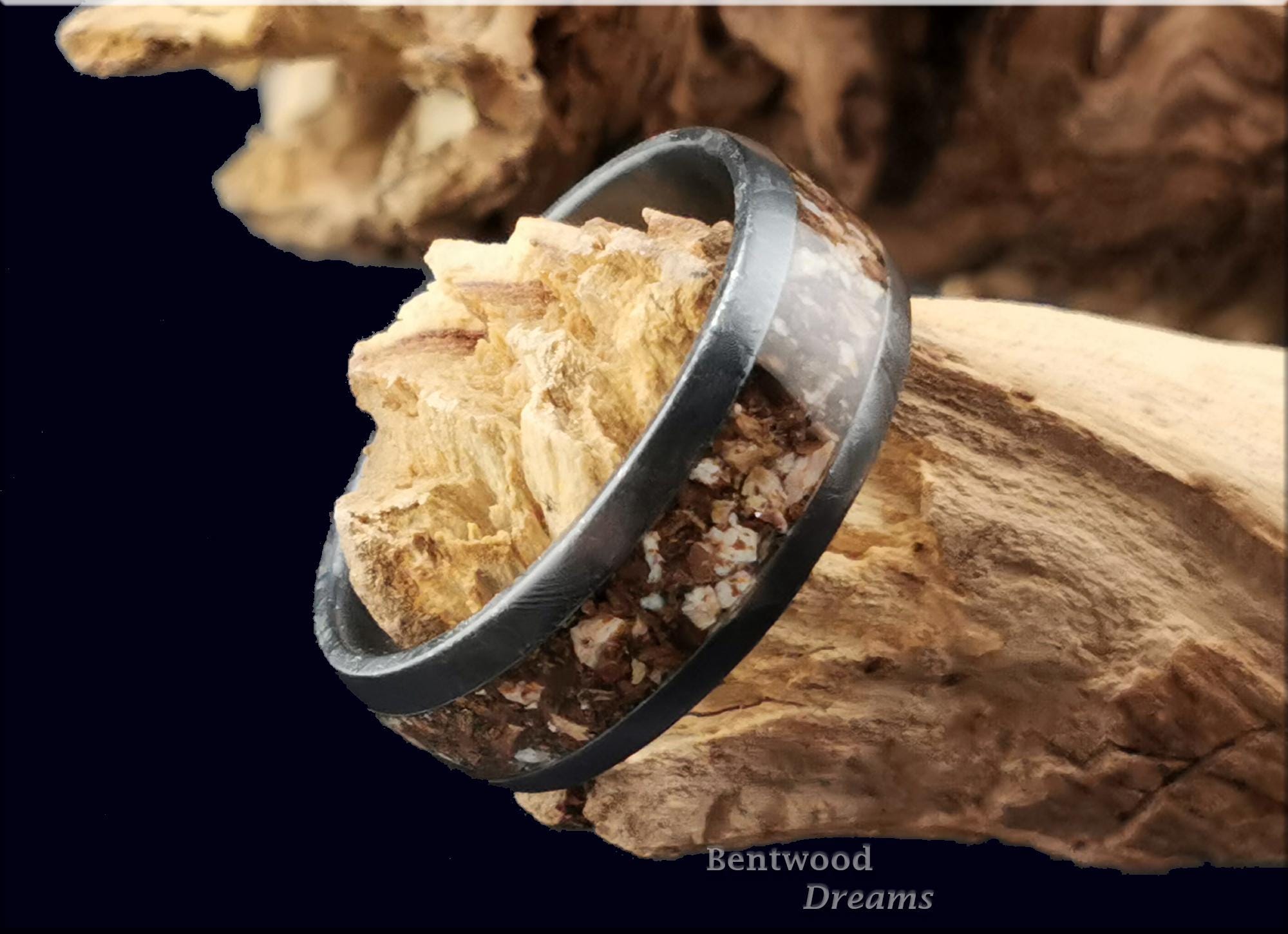 Crystalized Black Zirconium Ring, inlaid dual Fossilised Dinosaur Bone, Quick Ship