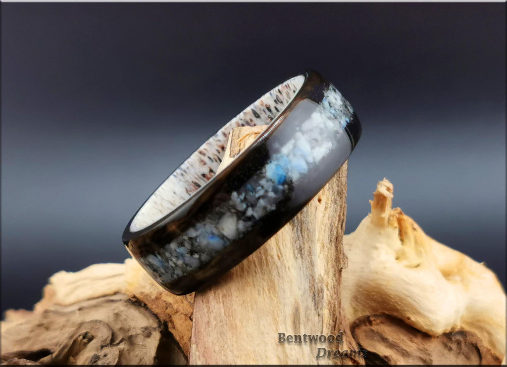 Bentwood Ring: Smoked Eucalyptus, inlaid K2 Granite/Blueberry Jasper, Deer Antler core, wood ring