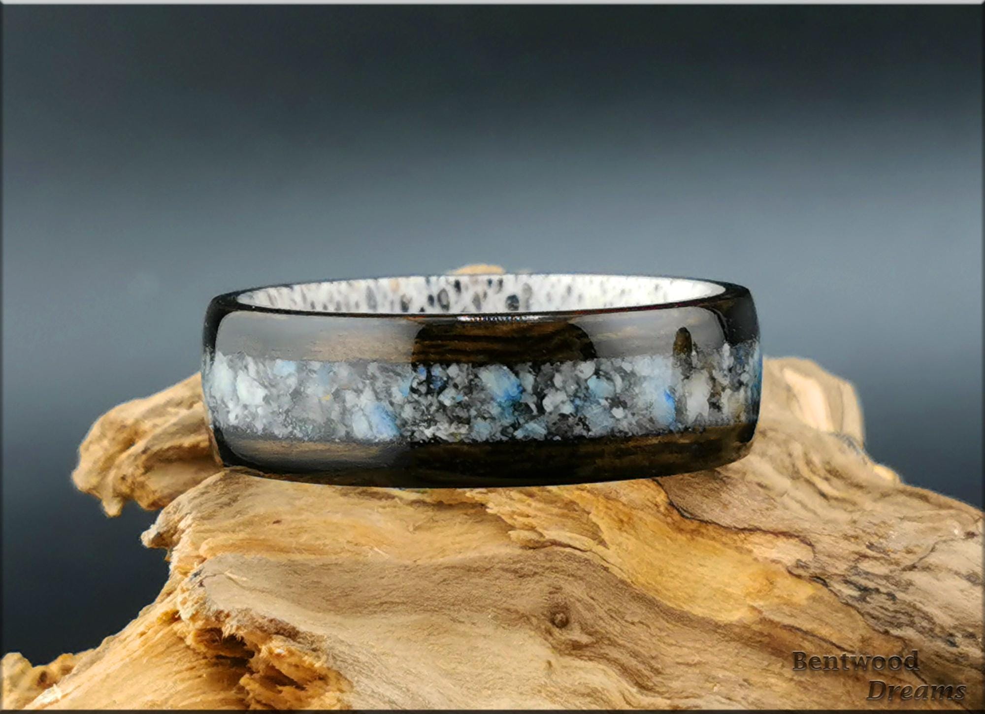 Bentwood Ring: Smoked Eucalyptus, inlaid K2 Granite/Blueberry Jasper, Deer Antler core, wood ring