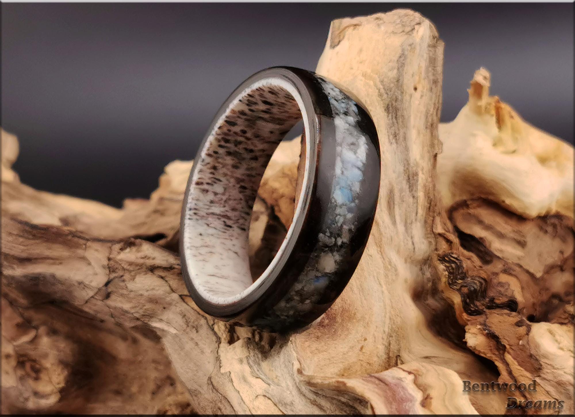 Bentwood Ring: Smoked Eucalyptus, inlaid K2 Granite/Blueberry Jasper, Deer Antler core, wood ring