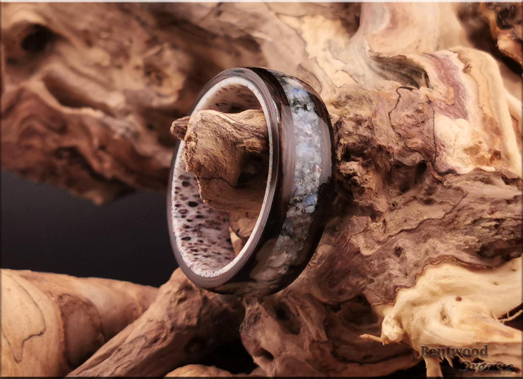 Bentwood Ring: Smoked Eucalyptus, inlaid K2 Granite/Blueberry Jasper, Deer Antler core, wood ring