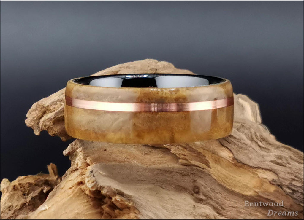 Bentwood Ring: Laurel Burl, offset inlaid Copper Wire, Polished Black Ceramic core, wood ring