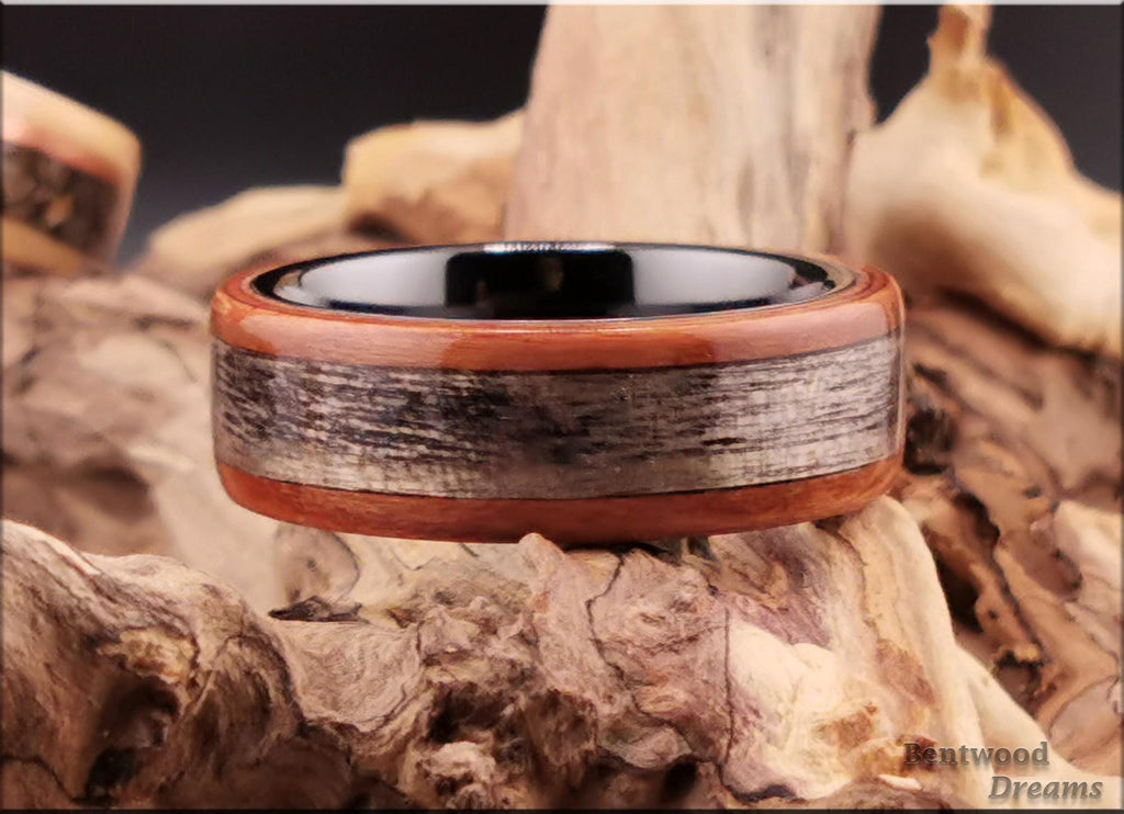Bentwood Ring: Plumwood, inlaid Harborica, Black Ceramic core, wood ring