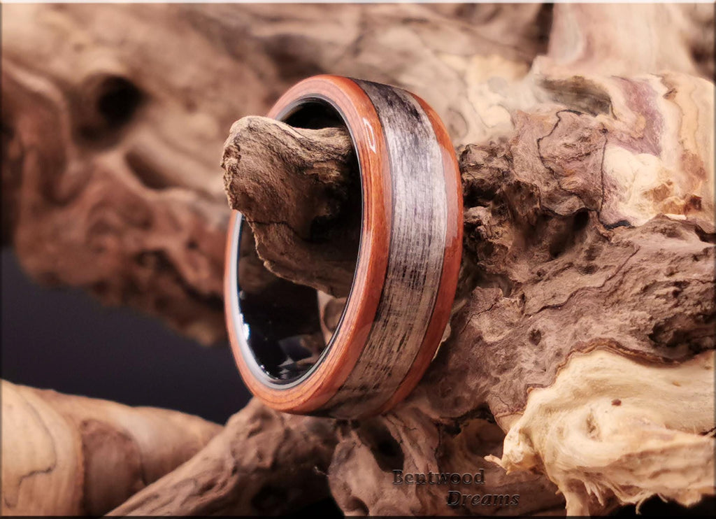 Bentwood Ring: Plumwood, inlaid Harborica, Black Ceramic core, wood ring