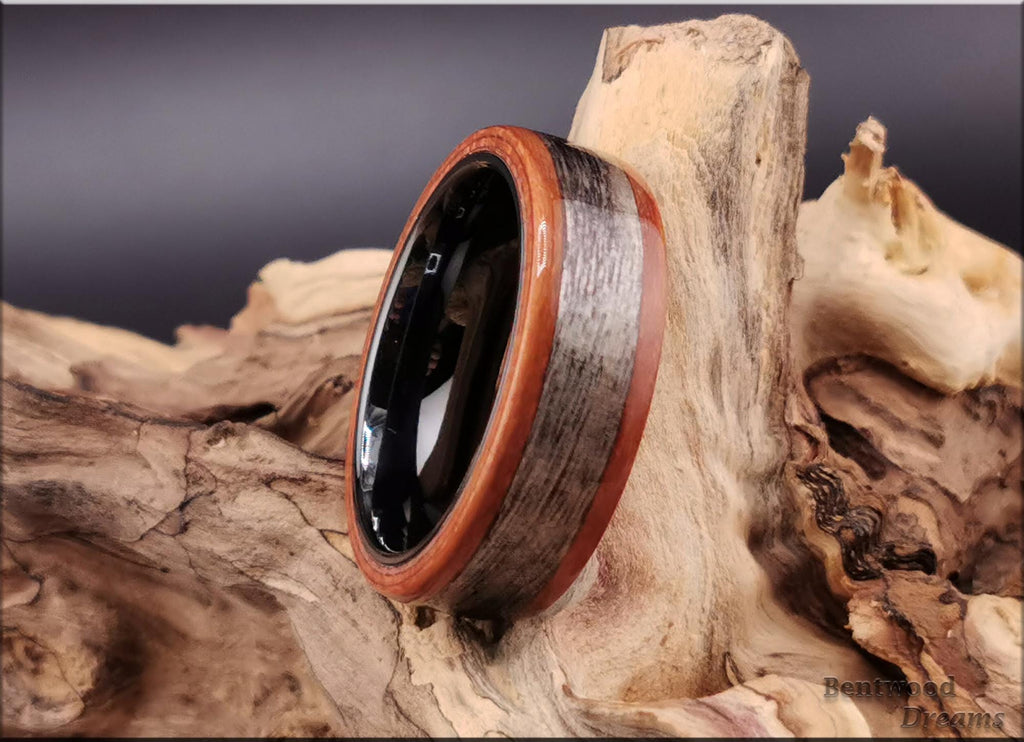 Bentwood Ring: Plumwood, inlaid Harborica, Black Ceramic core, wood ring