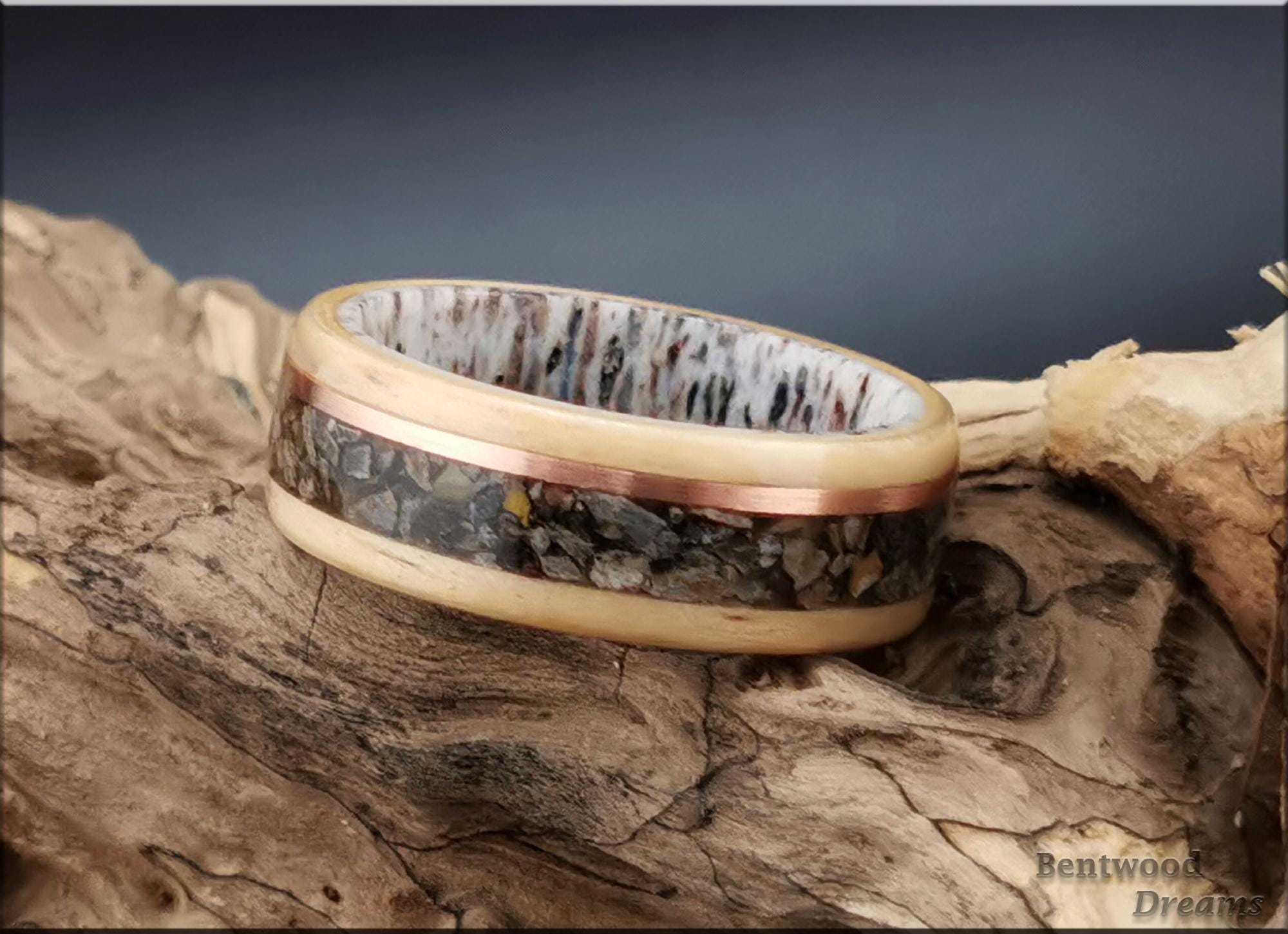 Bentwood Ring: Rare Birdseye Pine, Allosaurus Bone and Copper Wire, Ceramic Core