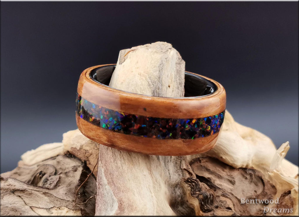 Bentwood Ring: Eucalyptus Burl, inlaid Multi-Opal, black ceramic  core, Quick Ship